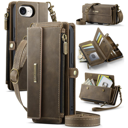 iPhone 16e / 17e CaseMe C39 RFID Blocking Zipper Wallet Leather Phone Case with Crossbody Strap - Coffee