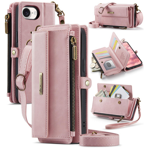 iPhone 16e / 17e CaseMe C39 RFID Blocking Zipper Wallet Leather Phone Case with Crossbody Strap - Pink