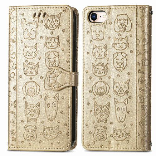 iPhone 16e / 17e Cat and Dog Embossed Leather Phone Case - Gold