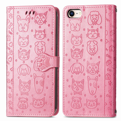 iPhone 16e / 17e Cat and Dog Embossed Leather Phone Case - Pink