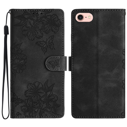 iPhone 16e / 17e Cherry Blossom Butterfly Skin Feel Embossed PU Phone Case - Black