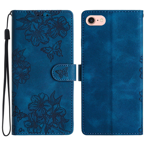 iPhone 16e / 17e Cherry Blossom Butterfly Skin Feel Embossed PU Phone Case - Blue