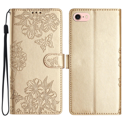 iPhone 16e / 17e Cherry Blossom Butterfly Skin Feel Embossed PU Phone Case - Gold