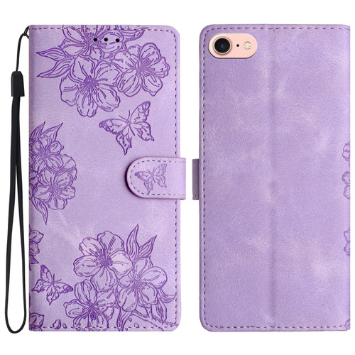 iPhone 16e / 17e Cherry Blossom Butterfly Skin Feel Embossed PU Phone Case - Purple