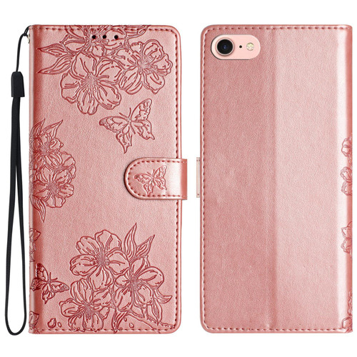 iPhone 16e / 17e Cherry Blossom Butterfly Skin Feel Embossed PU Phone Case - Rose Gold