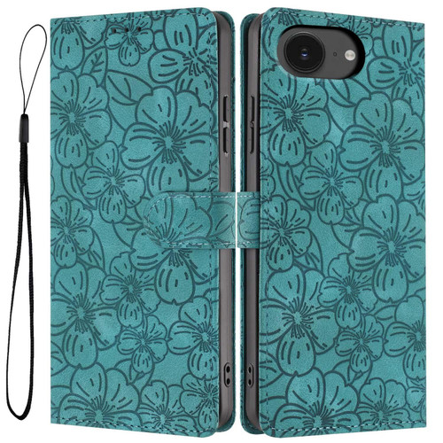 iPhone 16e / 17e Cherry Blossoms Embossed Leather Phone Case - Green