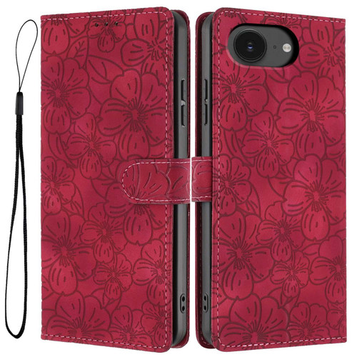 iPhone 16e / 17e Cherry Blossoms Embossed Leather Phone Case - Red