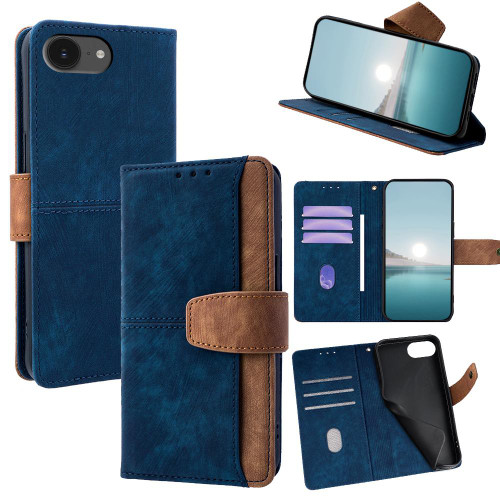 iPhone 16e / 17e Color Stitching Skin Feel Leather RFID Blocking Phone Case - Blue