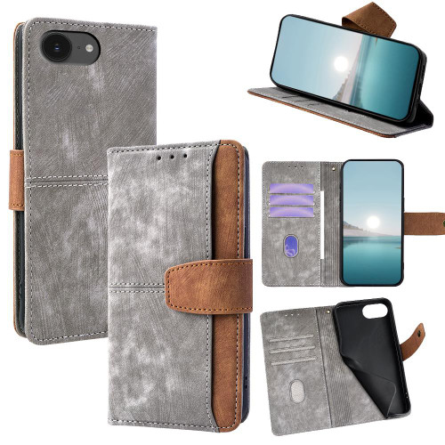 iPhone 16e / 17e Color Stitching Skin Feel Leather RFID Blocking Phone Case - Grey