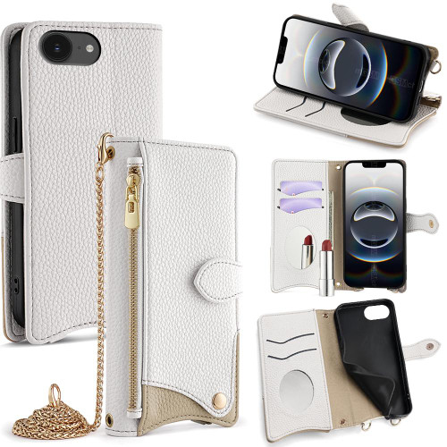 iPhone 16e / 17e Crossbody Chain Fishtail Litchi Leather Phone Case - White
