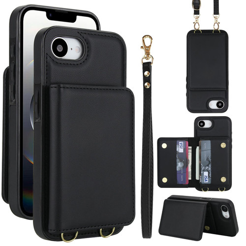 iPhone 16e / 17e Crossbody Dual-buckle Wallet RFID Back Leather Phone Case - Black