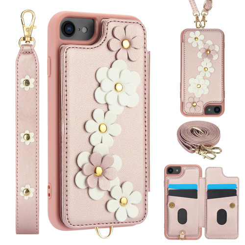 iPhone 16e / 17e Crossbody Flower Pattern Leather Phone Case - Rose Gold
