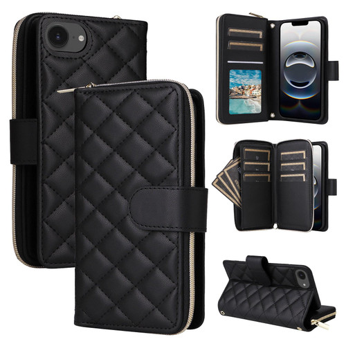 iPhone 16e / 17e Crossbody Rhombic Zipper Tower Buckle Leather Phone Case with Lanyard - Black