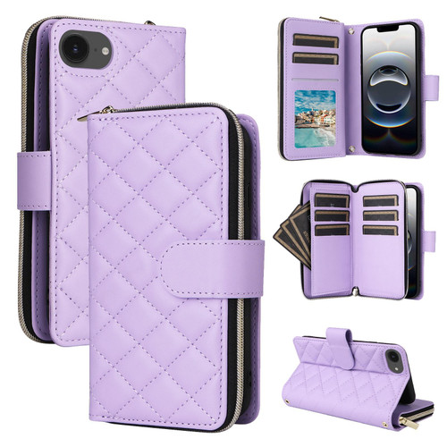 iPhone 16e / 17e Crossbody Rhombic Zipper Tower Buckle Leather Phone Case with Lanyard - Purple