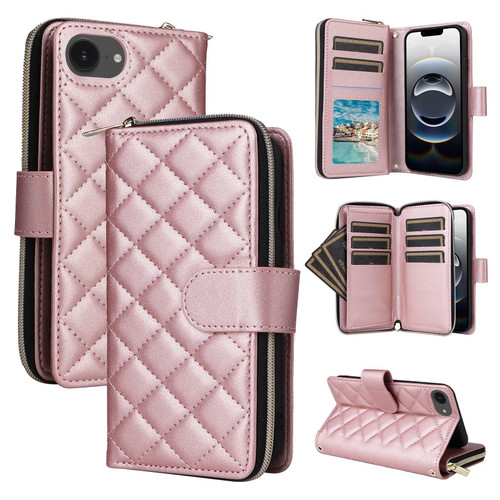iPhone 16e / 17e Crossbody Rhombic Zipper Tower Buckle Leather Phone Case with Lanyard - Rose Gold