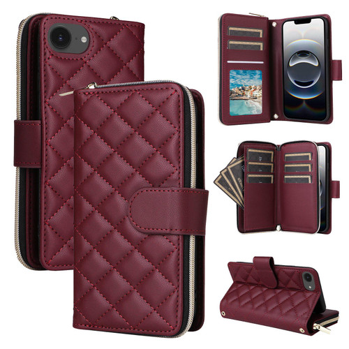 iPhone 16e / 17e Crossbody Rhombic Zipper Tower Buckle Leather Phone Case with Lanyard - Wine Red