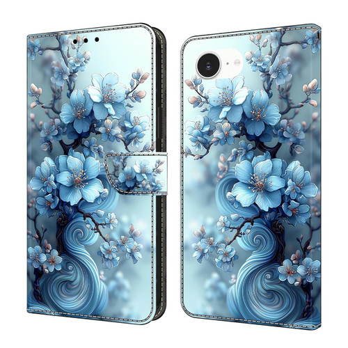iPhone 16e / 17e Crystal-Like Painted Vegan Leather Phone Case - Icy Blue Blossoms