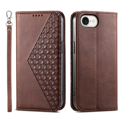 iPhone 16e / 17e Cubic Grid Calf Texture Magnetic Leather Phone Case - Brown