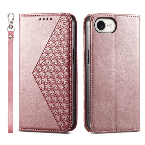 iPhone 16e / 17e Cubic Grid Calf Texture Magnetic Leather Phone Case - Rose Gold