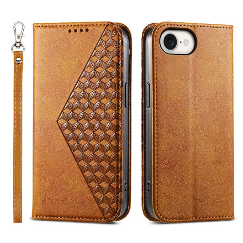 iPhone 16e / 17e Cubic Grid Calf Texture Magnetic Leather Phone Case - Yellow