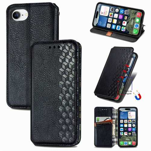 iPhone 16e / 17e Cubic Grid Pressed Magnetic Leather Phone Case - Black