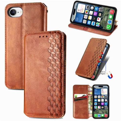 iPhone 16e / 17e Cubic Grid Pressed Magnetic Leather Phone Case - Brown