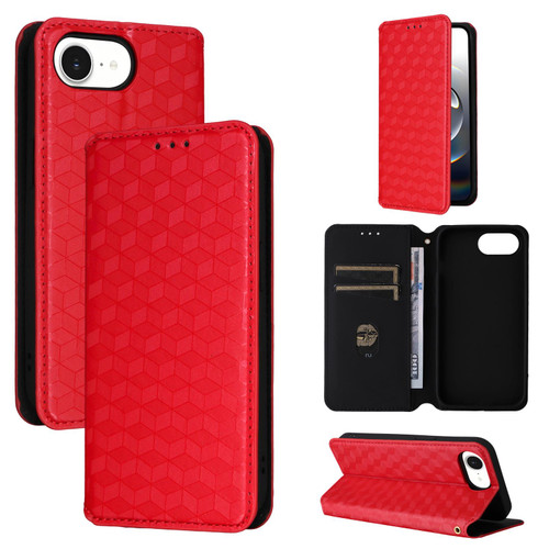 iPhone 16e / 17e Cubic Grid Texture Flip Leather Phone Case - Red