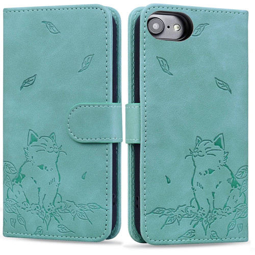 iPhone 16e / 17e Cute Cat Embossed Leather Phone Case - Green