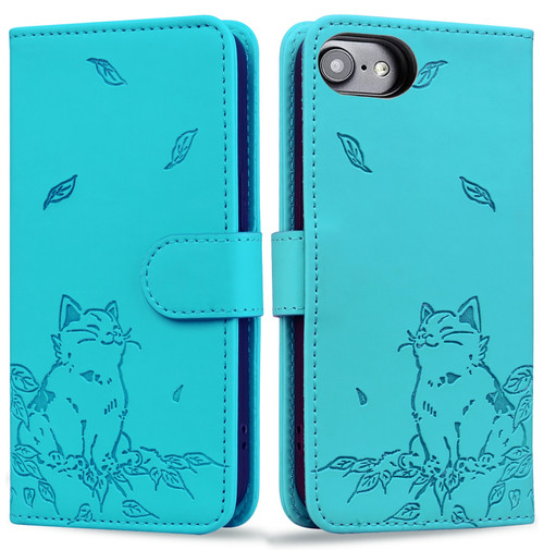 iPhone 16e / 17e Cute Cat Embossed Leather Phone Case - Lake Blue