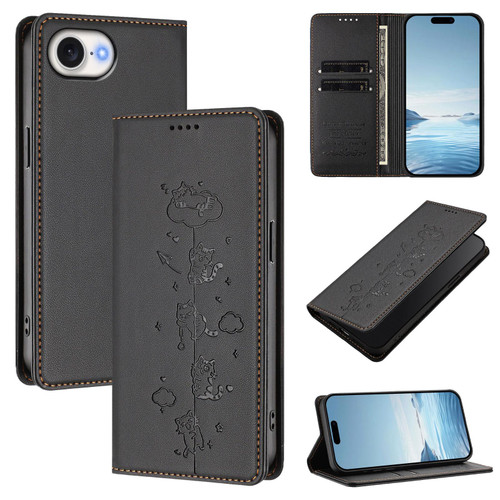 iPhone 16e / 17e Cute Cats Embossed Magnetic RFID Vegan Leather Phone Case - Black