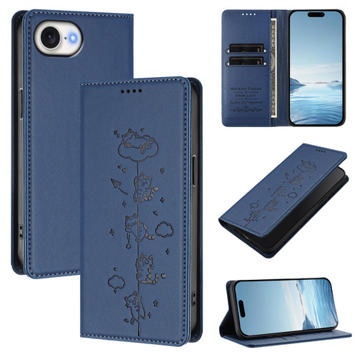 iPhone 16e / 17e Cute Cats Embossed Magnetic RFID Vegan Leather Phone Case - Dark Blue