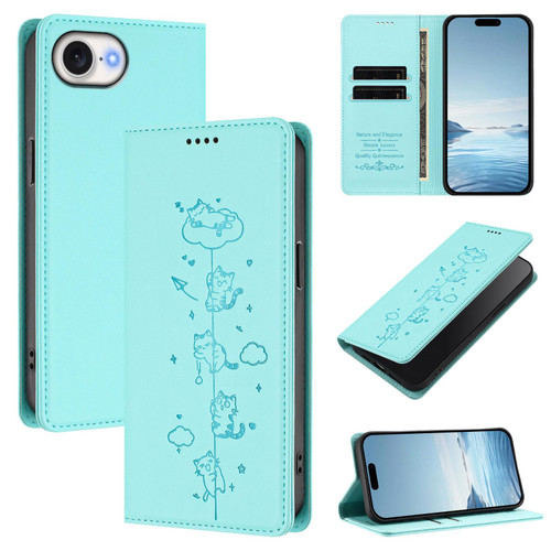 iPhone 16e / 17e Cute Cats Embossed Magnetic RFID Vegan Leather Phone Case - Mint Green