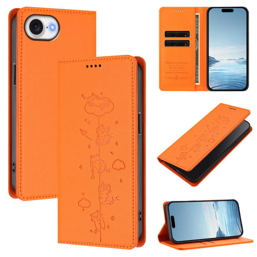 iPhone 16e / 17e Cute Cats Embossed Magnetic RFID Vegan Leather Phone Case - Orange