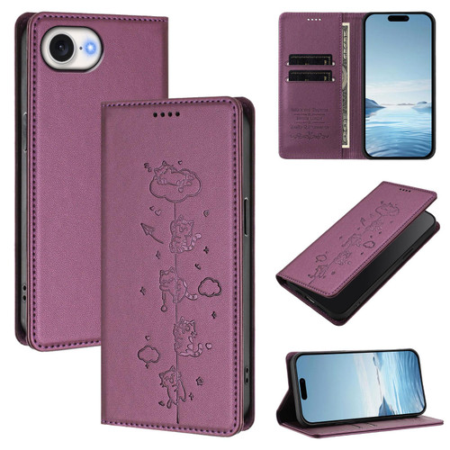 iPhone 16e / 17e Cute Cats Embossed Magnetic RFID Vegan Leather Phone Case - Violet Purple