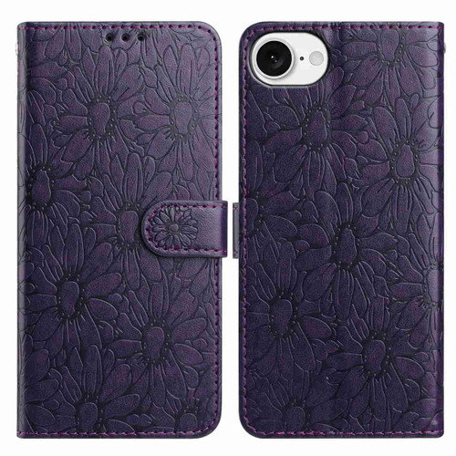 iPhone 16e / 17e Daisy Embossed Leather Phone Case - Dark Purple