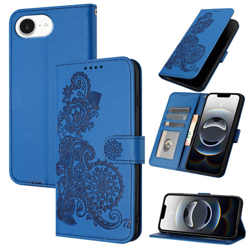 iPhone 16e / 17e Datura Flower Embossed Flip Leather Phone Case - Blue