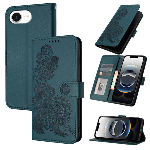 iPhone 16e / 17e Datura Flower Embossed Flip Leather Phone Case - Dark Green
