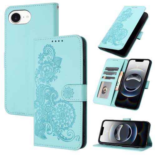 iPhone 16e / 17e Datura Flower Embossed Flip Leather Phone Case - Light Blue