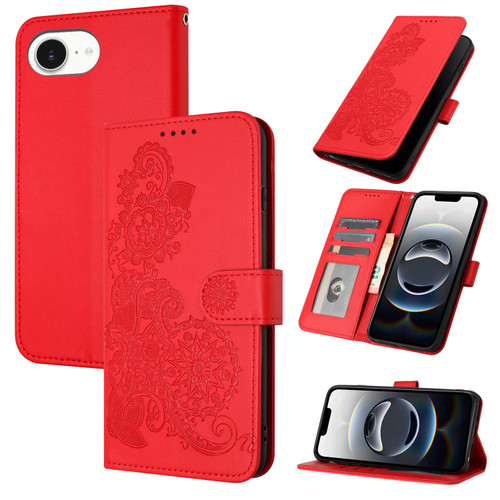 iPhone 16e / 17e Datura Flower Embossed Flip Leather Phone Case - Red