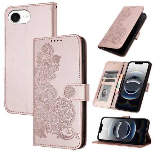 iPhone 16e / 17e Datura Flower Embossed Flip Leather Phone Case - Rose Gold