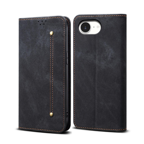 iPhone 16e / 17e Denim Texture Casual Style Horizontal Flip Leather Case - Black