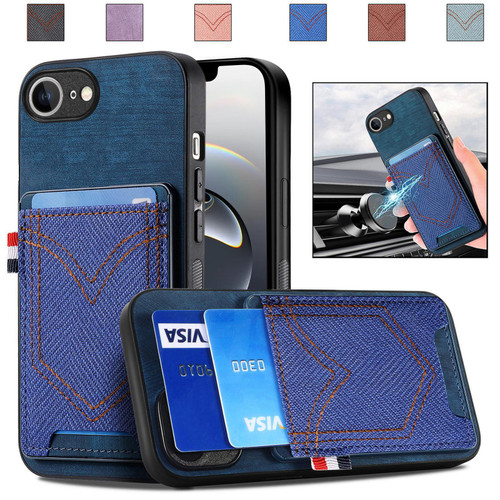 iPhone 16e / 17e Denim Texture Leather Skin Phone Case with Card Slot - Blue