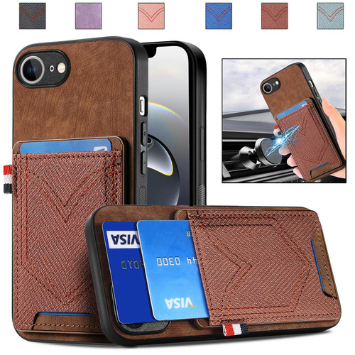 iPhone 16e / 17e Denim Texture Leather Skin Phone Case with Card Slot - Brown
