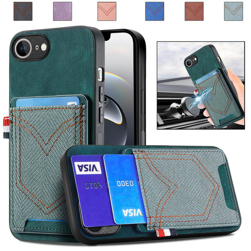 iPhone 16e / 17e Denim Texture Leather Skin Phone Case with Card Slot - Green
