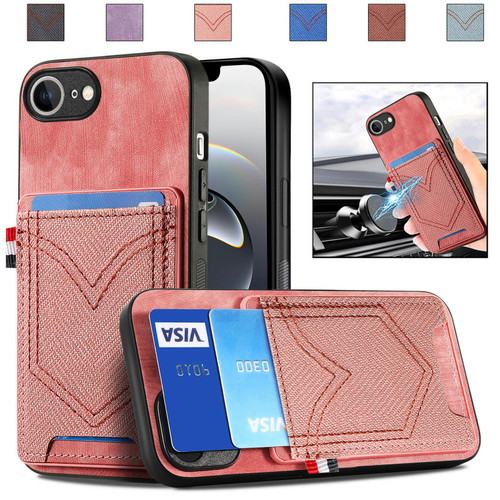 iPhone 16e / 17e Denim Texture Leather Skin Phone Case with Card Slot - Pink