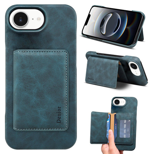 iPhone 16e / 17e Denior D27 Retro Texture RFID MagSafe Photo Frame Card-slot Phone Case - Blue