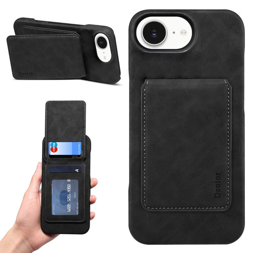 iPhone 16e / 17e Denior D28 Retro Texture RFID MagSafe Vertical Flip Card-slot Phone Case - Black