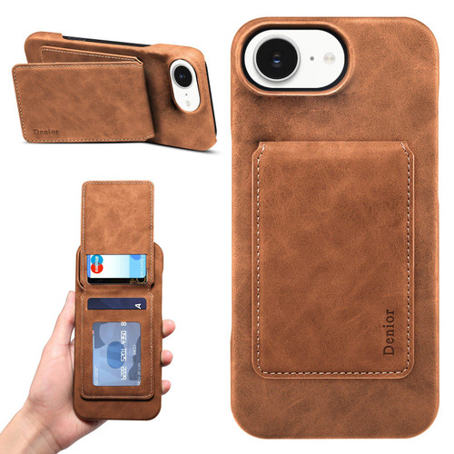 iPhone 16e / 17e Denior D28 Retro Texture RFID MagSafe Vertical Flip Card-slot Phone Case - Brown
