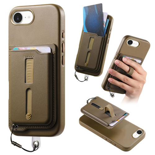 iPhone 16e / 17e Detachable Magnetic Card Bag Phone Case with Finger Ring Grip & Anti-loss Rope - Khaki
