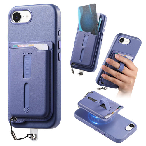iPhone 16e / 17e Detachable Magnetic Card Bag Phone Case with Finger Ring Grip & Anti-loss Rope - Lavender